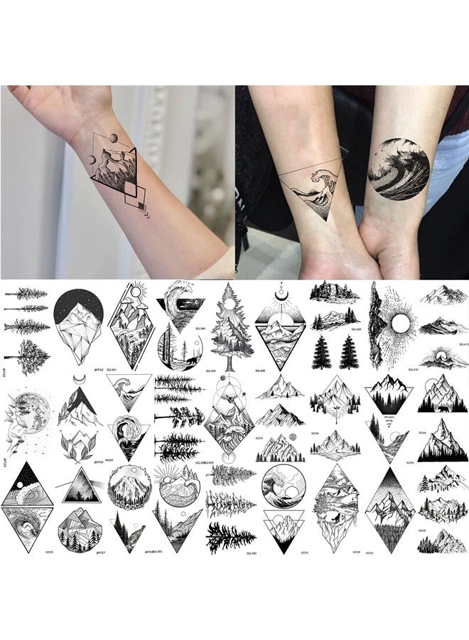 GOROMON 52 Sheets Small Black Mountain Temporary Tattoos For Men Women Adult, Geometric Sea Weave Forest Pine Tree Realistic Tattoo Sticker For Kids Children, Moon Sun Star Triangle Tatoos Outer Space - Image 1