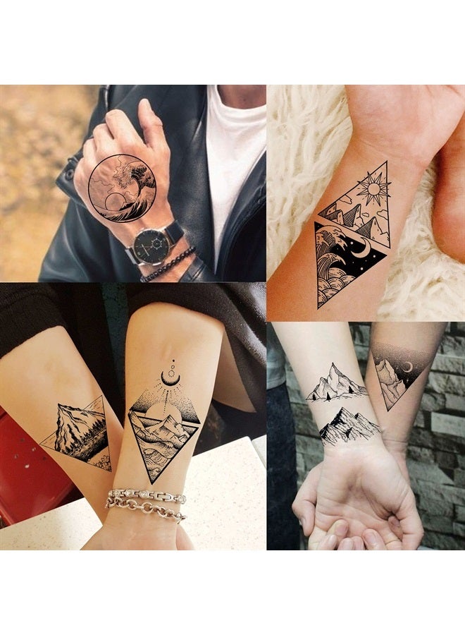 GOROMON 52 Sheets Small Black Mountain Temporary Tattoos For Men Women Adult, Geometric Sea Weave Forest Pine Tree Realistic Tattoo Sticker For Kids Children, Moon Sun Star Triangle Tatoos Outer Space - Image 2