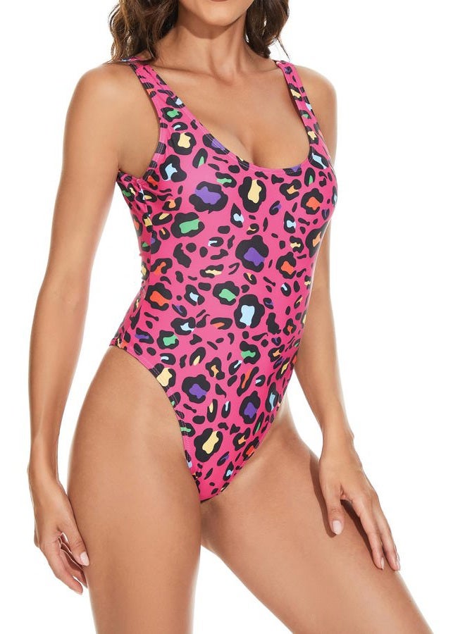 MIAIULIA Women's Retro 80s/90s Inspired High Cut Low Back Padding One Piece Swimwear Bathing Suits, Animal Fuchsia, M - Image 2