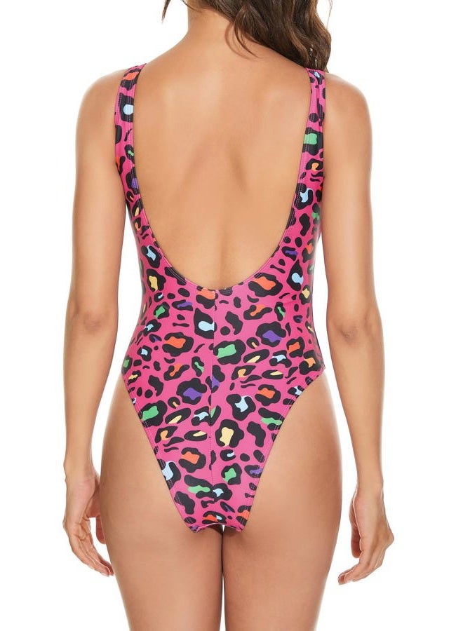 MIAIULIA Women's Retro 80s/90s Inspired High Cut Low Back Padding One Piece Swimwear Bathing Suits, Animal Fuchsia, M - Image 5