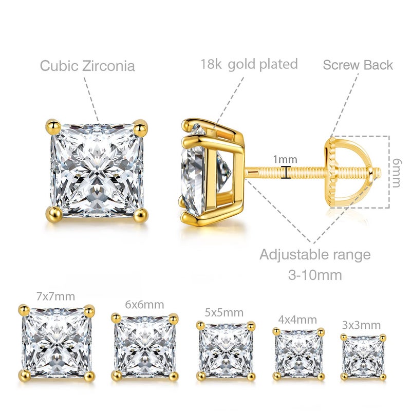 MDFUN 18K Gold Plated Princess Cut Cubic Zirconia Screw Back Stud Earring Pack of 5 Pairs (5 Pairs) - Image 2