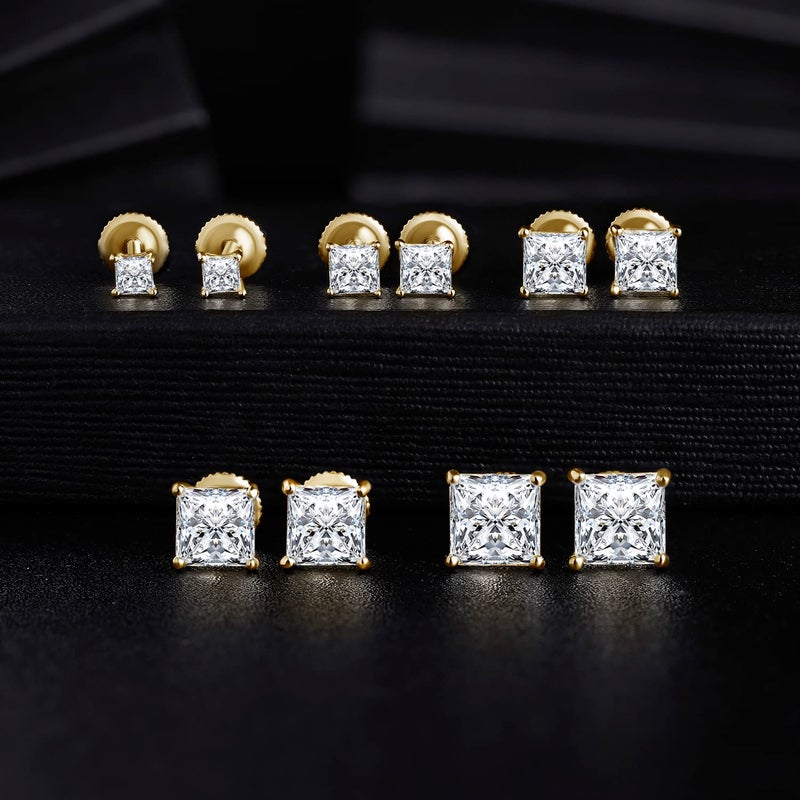 MDFUN 18K Gold Plated Princess Cut Cubic Zirconia Screw Back Stud Earring Pack of 5 Pairs (5 Pairs) - Image 3