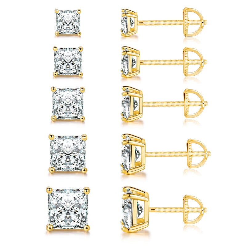 MDFUN 18K Gold Plated Princess Cut Cubic Zirconia Screw Back Stud Earring Pack of 5 Pairs (5 Pairs) - Image 1