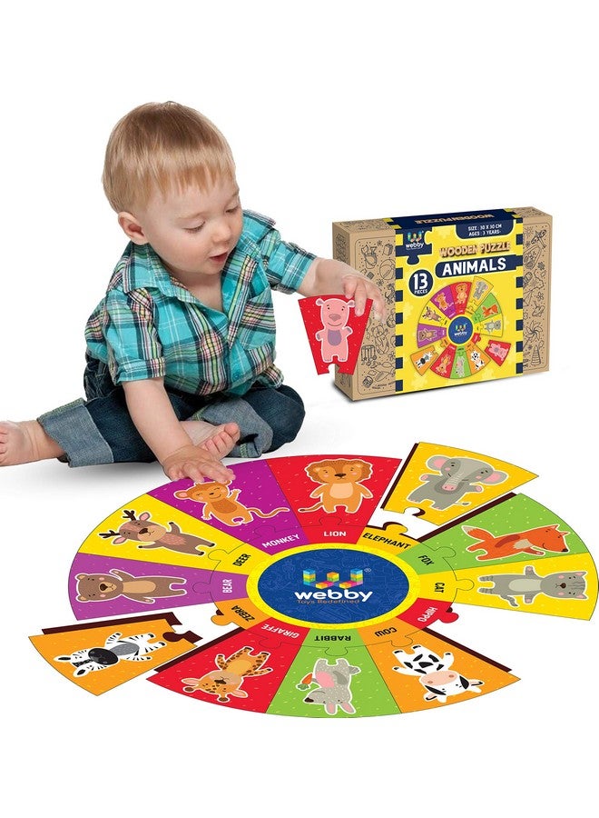 Webby Animal Wooden Round Jigsaw Floor Puzzle, 13 Pcs - Image 2