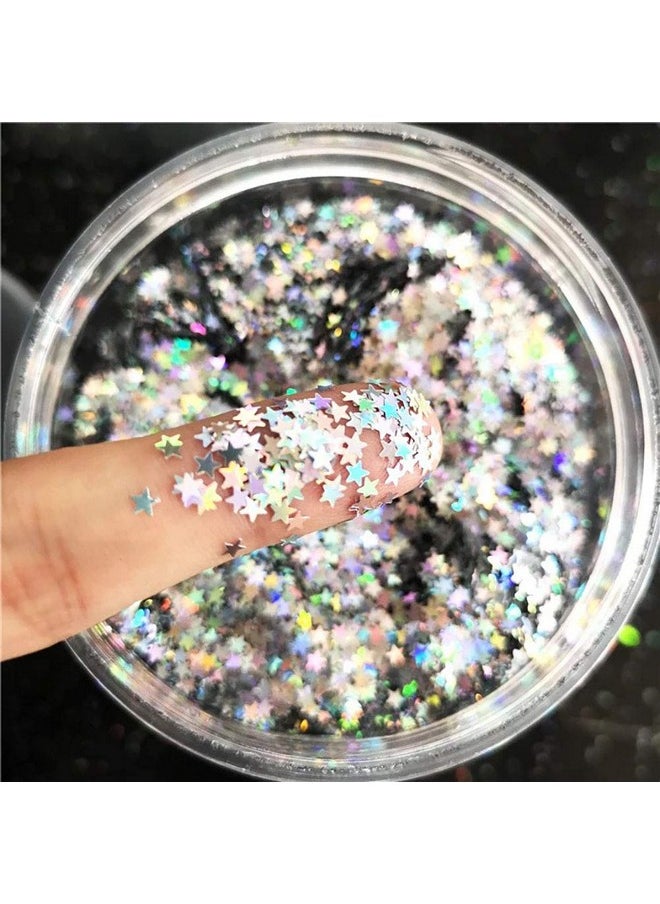 JHere - Tiny Stars Glitter Confetti 3Mm Stars Confetti Laser Sequins For Party Decoration Diy Crafts Premium Nail Art Body Art Eye Bling 10G Holographic Silver - Image 1