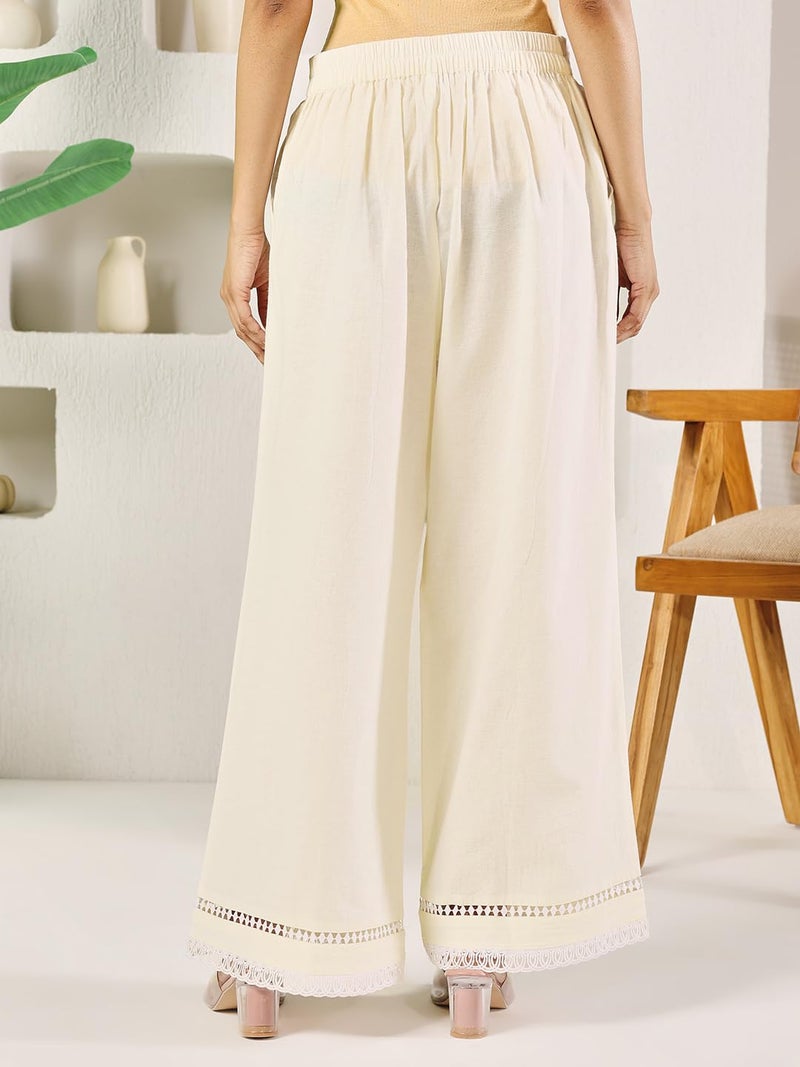 FIORRA Women's Off-White Cotton Solid Palazzo BTM011 - Image 2