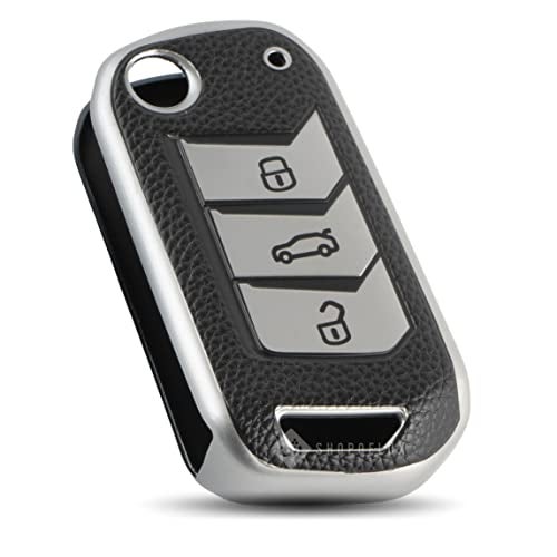 SHOPOFLUX TPU Leather Key Cover Compatible with Mahindra Scorpio N | 3XO | XUV 300 | Marazzo | XUV 700 | XUV 400 ev | Bolero | Thar 3 Button Flip Key (Black Silver) - Image 1