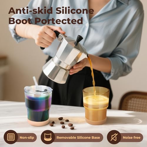 Zukro 13 oz/400ml Glass Cups with Lid and Straw, Non-Slip Silicone Bottom - Leak Proof Thick Wall Glass Tumbler for Iced Coffee, Tea & Water - Reusbale Drinking Glasses for Home/Office, BPA Free - Image 4