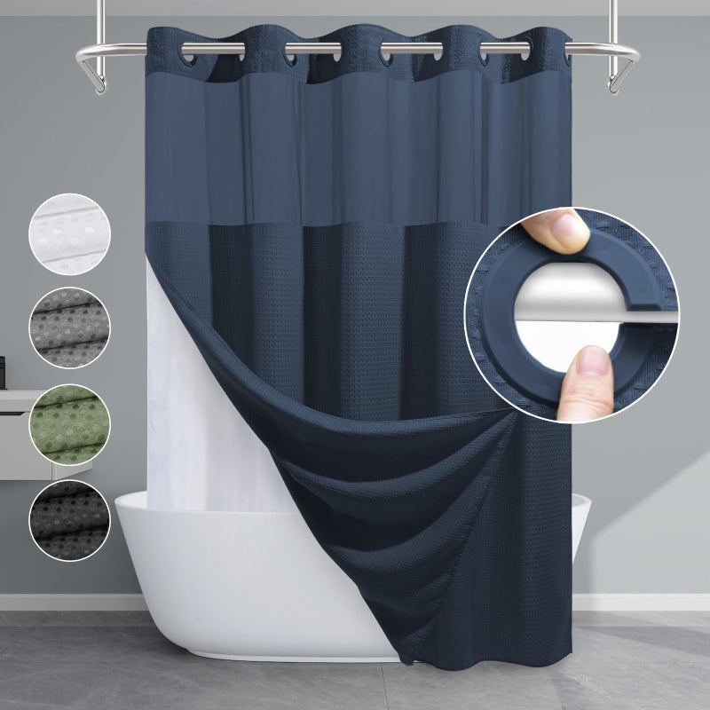 EUTXL Navy Blue No Hook Shower Curtain with Snap in Liner,230GSM Waffle Weave Shower Curtains for Bathroom,71W x 74H - Image 1