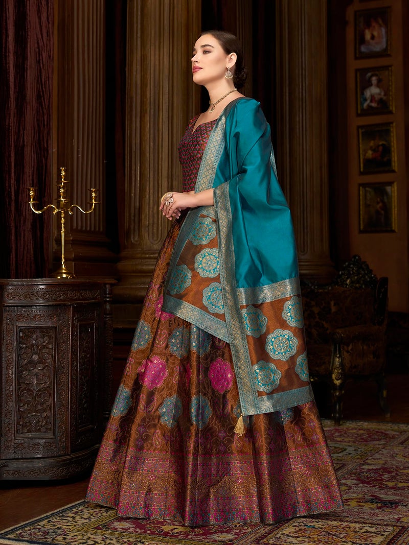 PURVAJA Women's Kanjiwaram Semi-Stitched Lehenga choli (Bahaar-Brown_Free Size) - Image 2
