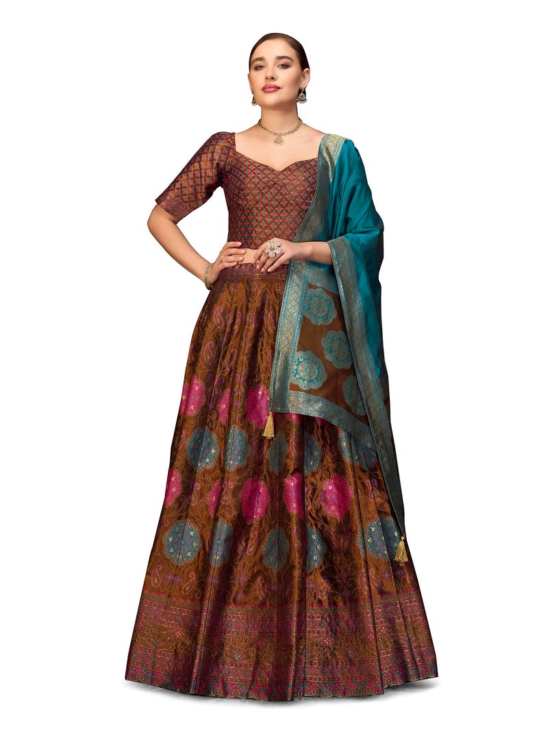 PURVAJA Women's Kanjiwaram Semi-Stitched Lehenga choli (Bahaar-Brown_Free Size) - Image 1