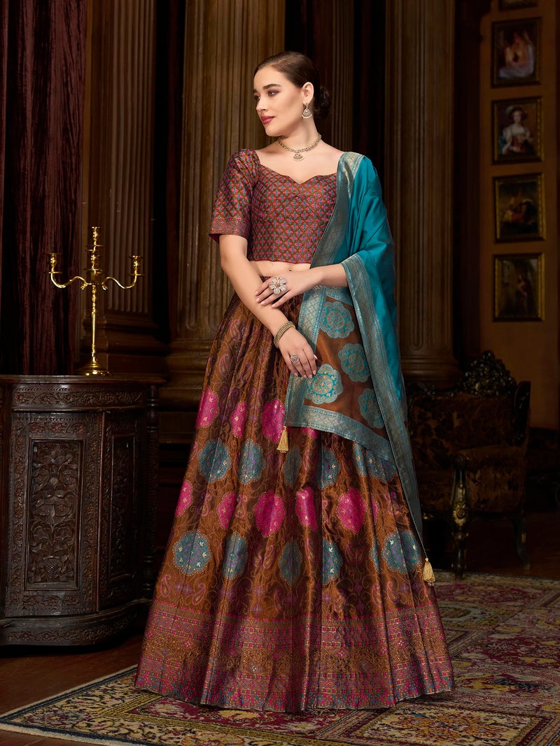 PURVAJA Women's Kanjiwaram Semi-Stitched Lehenga choli (Bahaar-Brown_Free Size) - Image 4