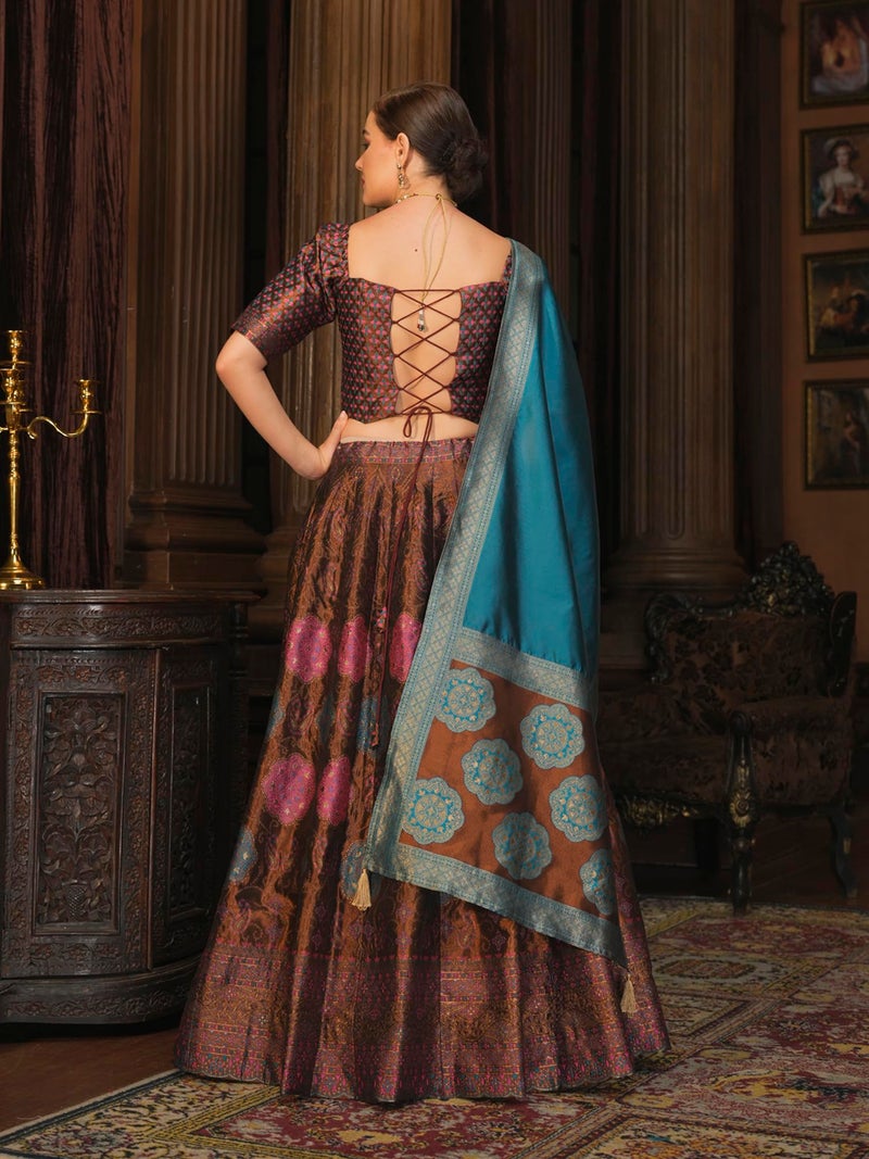 PURVAJA Women's Kanjiwaram Semi-Stitched Lehenga choli (Bahaar-Brown_Free Size) - Image 3