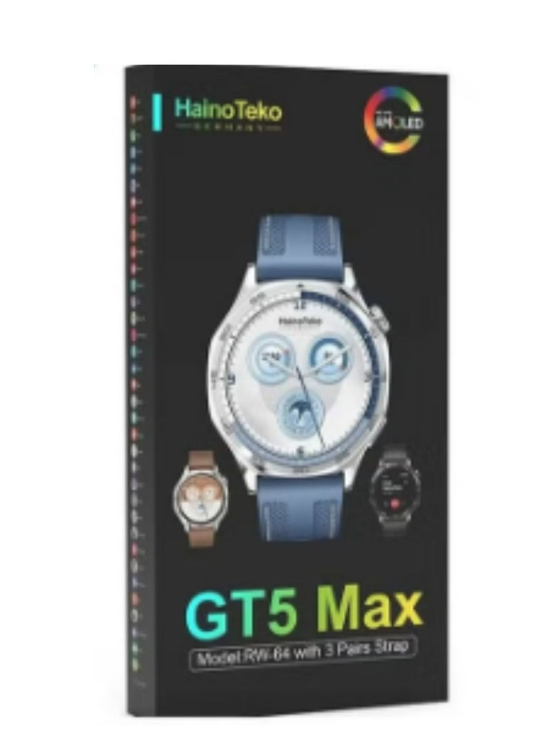 Haino Teko RW-64 GT5 Max Smartwatch with Large AMOLED Display, Voice Assistant, 3 Pair Straps – Stylish and Functional Smartwatch for Men- Silver - Image 4