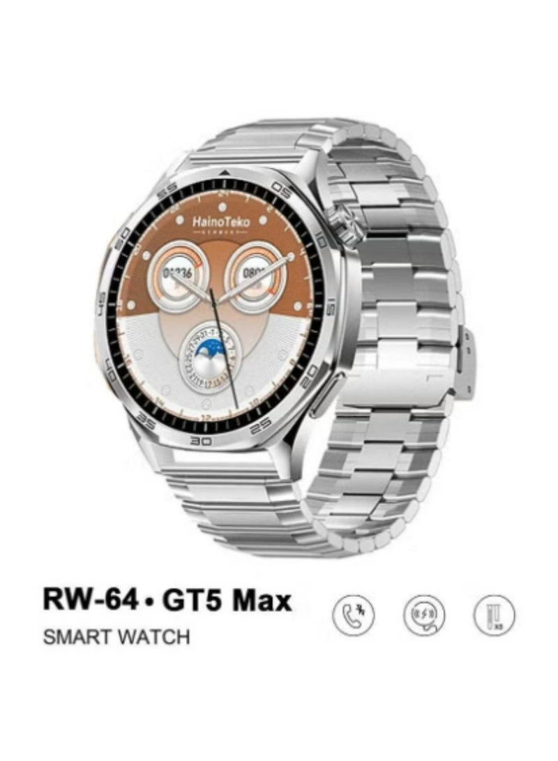 Haino Teko RW-64 GT5 Max Smartwatch with Large AMOLED Display, Voice Assistant, 3 Pair Straps – Stylish and Functional Smartwatch for Men- Silver - Image 2