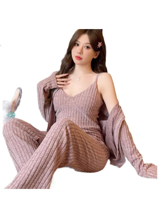 Gujin Women'S Three-Piece Pajama Set For Autumn And Winter, Home Wear, Can Be Worn Outside, Sleep Pants With Chest Pad To Prevent Protrusion, Set Xl - Image 3