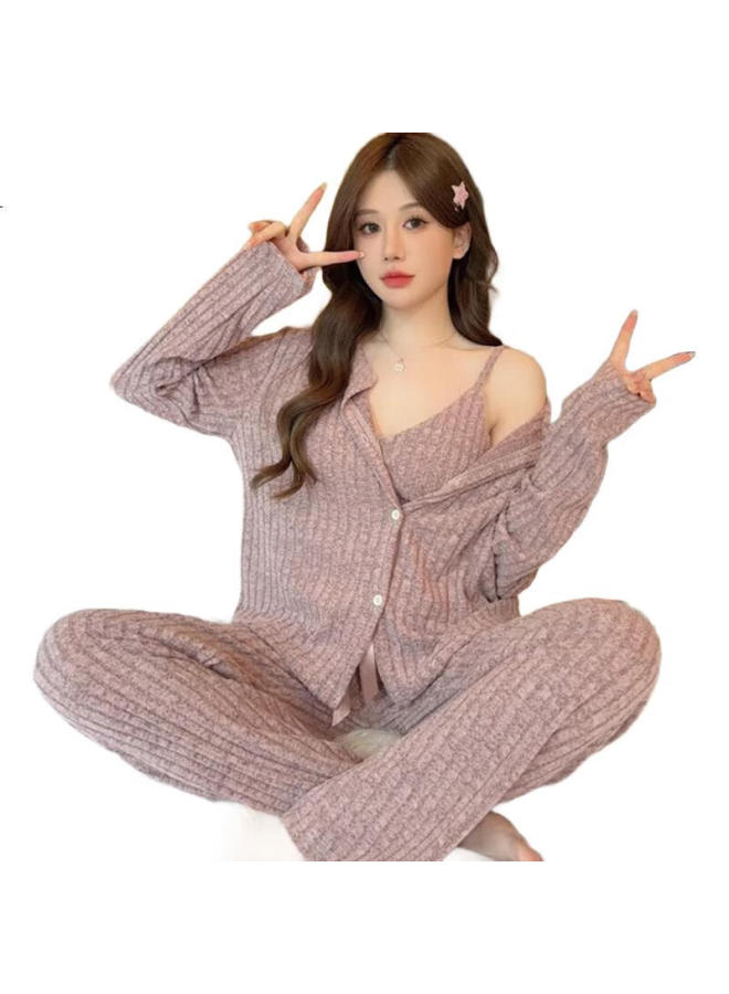 Gujin Women'S Three-Piece Pajama Set For Autumn And Winter, Home Wear, Can Be Worn Outside, Sleep Pants With Chest Pad To Prevent Protrusion, Set Xl - Image 1
