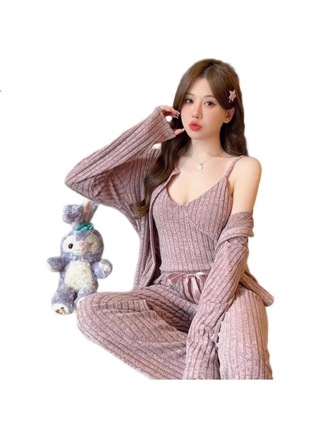Gujin Women'S Three-Piece Pajama Set For Autumn And Winter, Home Wear, Can Be Worn Outside, Sleep Pants With Chest Pad To Prevent Protrusion, Set Xl - Image 2
