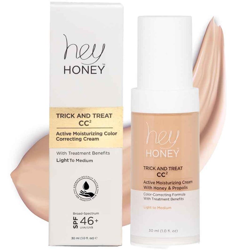 Hey Honey Trick and Treat CC Cream SPF 46  Active Moisturizing Color Correcting Cream with Honey  Propolis  Best Cover For Rosacea Skin Redness  Mature Skin  CrueltyFree  1 oz LightMedium