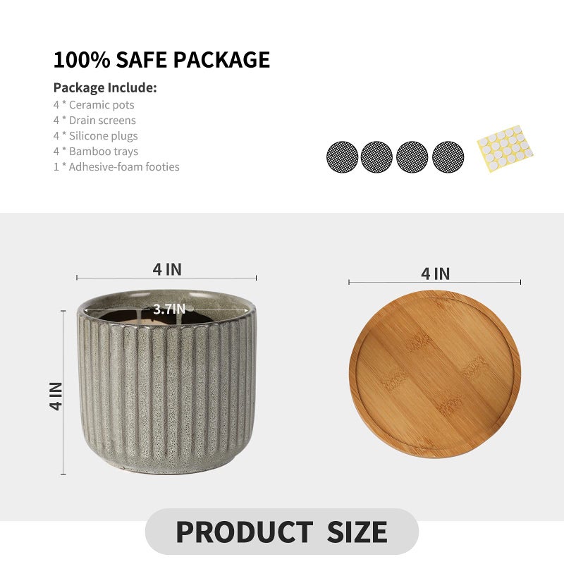 OMAYKEY 4 Inch Ceramic Plant Pot with Saucer, Creative Stripe Grey-Green Small Planters Pots with Drainage Hole and Mesh Pads for Succulent, Cactus, Herbs - Set of 4 - Image 3