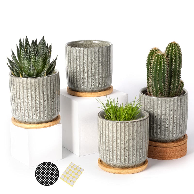 OMAYKEY 4 Inch Ceramic Plant Pot with Saucer, Creative Stripe Grey-Green Small Planters Pots with Drainage Hole and Mesh Pads for Succulent, Cactus, Herbs - Set of 4 - Image 1