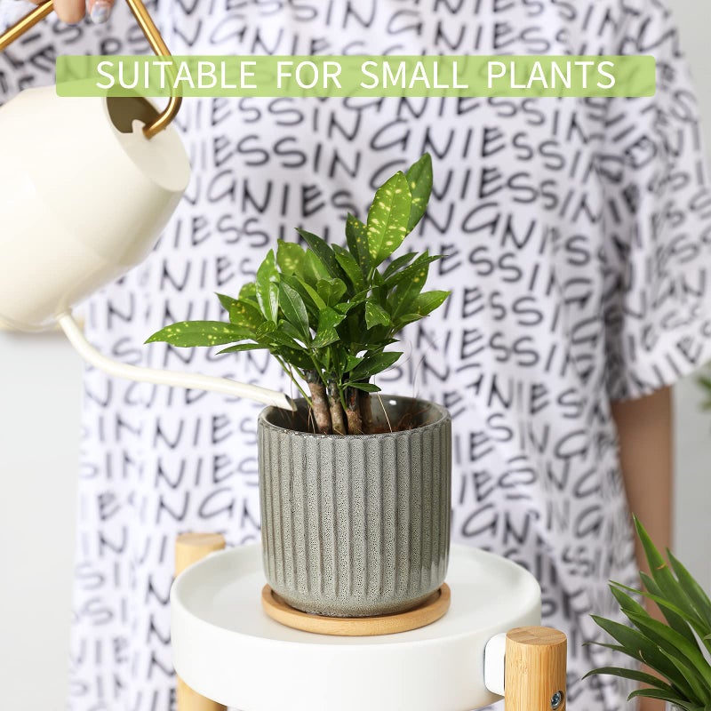 OMAYKEY 4 Inch Ceramic Plant Pot with Saucer, Creative Stripe Grey-Green Small Planters Pots with Drainage Hole and Mesh Pads for Succulent, Cactus, Herbs - Set of 4 - Image 5