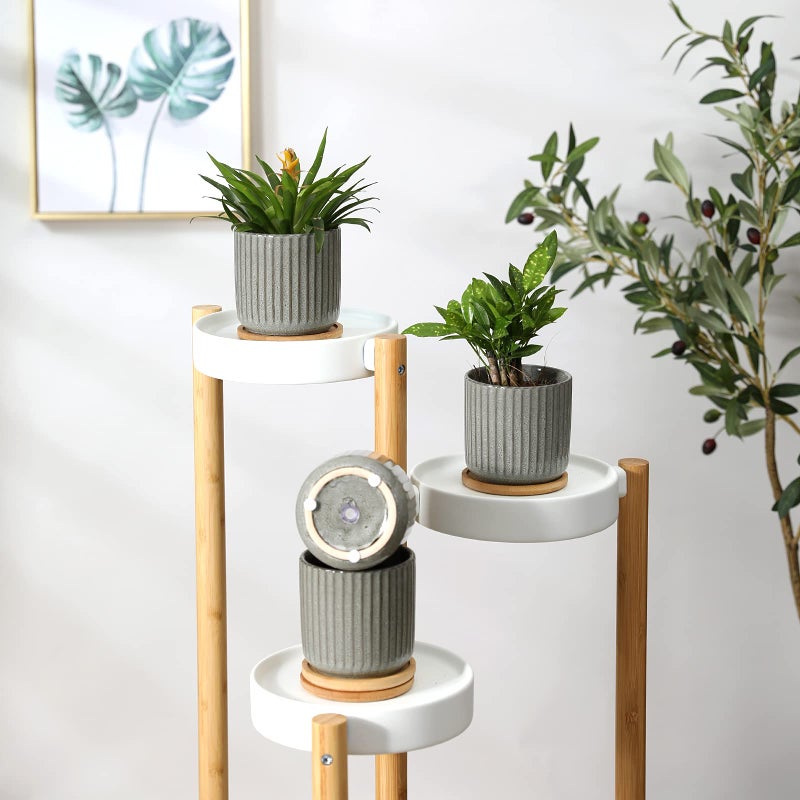 OMAYKEY 4 Inch Ceramic Plant Pot with Saucer, Creative Stripe Grey-Green Small Planters Pots with Drainage Hole and Mesh Pads for Succulent, Cactus, Herbs - Set of 4 - Image 2