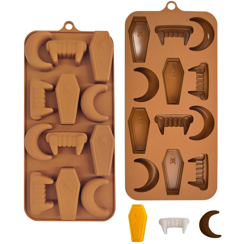 EDUEE Silicone Chocolate Molds Halloween Candy Molds Vampire Teeth RIP Gravestone Moon Shape Ice Cube Molds Set of 2