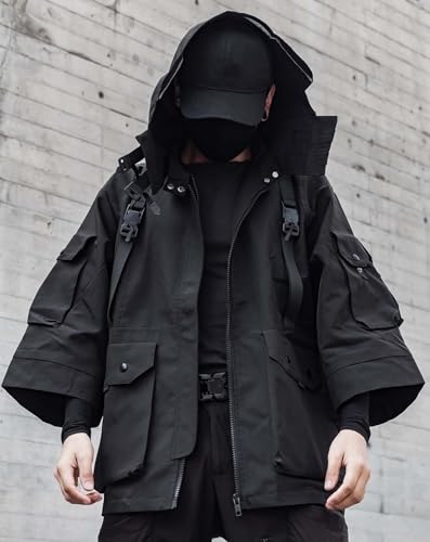 Niepce Inc Japanese Streetwear Techwear Men’s 3/4 Sleeve Jacket with Hood (Black1, Medium) - Image 3