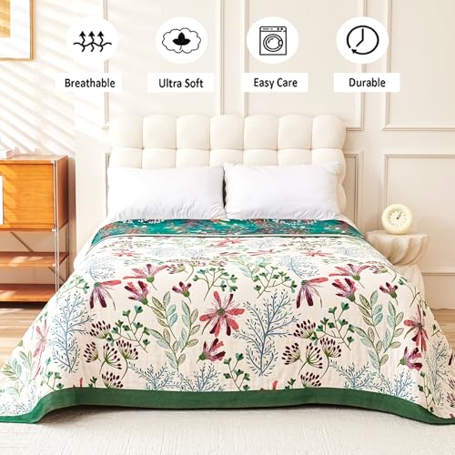 VANJOROY Boho Throw Blanket 100 Organic Cotton Breathable Ultra Soft 80 x 90 Bed Quilt Throw All Season Floral Rustic Farmhouse Decor Luxury Reversible Blanket for Sofa Couch Chair and Gift - Image 3