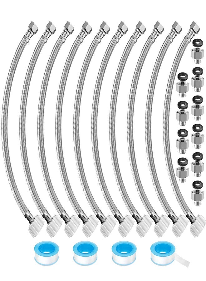 Dreyoo 10 Pack 16 Inch Toilet Water Supply Connector Line Braided Stainless Steel, 3/8 Female Compression x 7/8 Female Ballcock Thread, Includes 10 Pcs 3/8 to 1/2 Water Line Adapter and 4 Pcs Plumber's Tape - Image 1