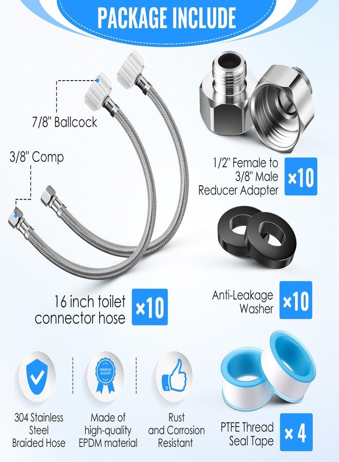Dreyoo 10 Pack 16 Inch Toilet Water Supply Connector Line Braided Stainless Steel, 3/8 Female Compression x 7/8 Female Ballcock Thread, Includes 10 Pcs 3/8 to 1/2 Water Line Adapter and 4 Pcs Plumber's Tape - Image 2