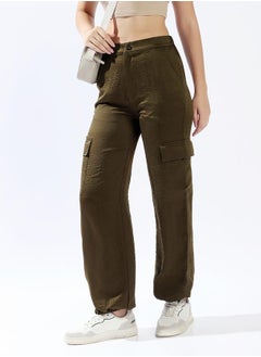 HIGH STAR Women Trousers, Oversized, Solid, Dark Olive, in 100% Polyester, Button closure, Woven weave, High-Rise waist, perfect for Casual. Stay ahead of the trend!  - Image 2