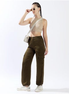 HIGH STAR Women Trousers, Oversized, Solid, Dark Olive, in 100% Polyester, Button closure, Woven weave, High-Rise waist, perfect for Casual. Stay ahead of the trend!  - Image 1
