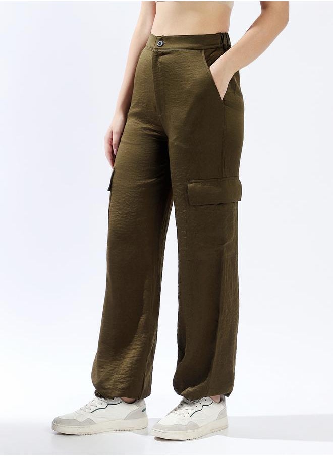 HIGH STAR Women Relaxed Loose Fit High-Rise Cargo Textured Satin Jogger Trousers  - Image 3