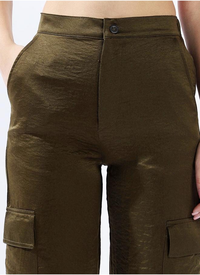 HIGH STAR Women Relaxed Loose Fit High-Rise Cargo Textured Satin Jogger Trousers  - Image 5