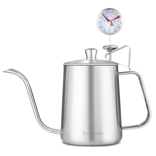 Easyworkz Gage Gooseneck Pour Over Coffee Kettle 20 oz with Thermometer Stainless Steel Hand Drip Coffee Pot With Long Narrow Spout, Silver - Image 1