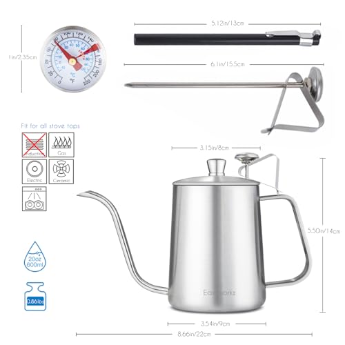 Easyworkz Gage Gooseneck Pour Over Coffee Kettle 20 oz with Thermometer Stainless Steel Hand Drip Coffee Pot With Long Narrow Spout, Silver - Image 2