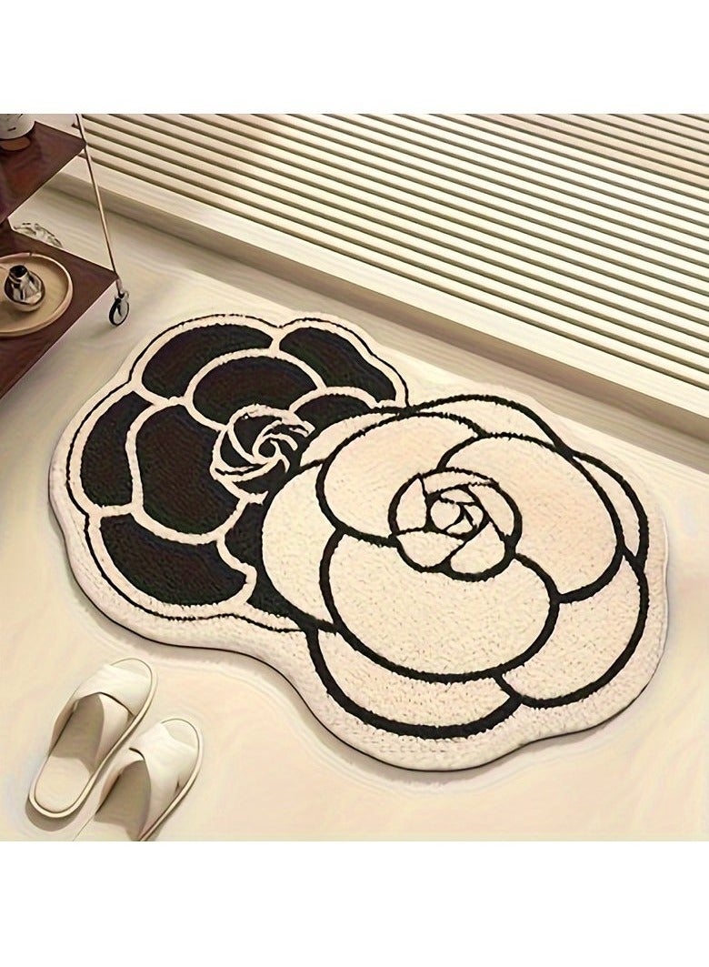 Arabest Handmade Knit Polyester Floral Shape Bath Rug with TPR Non-Slip Backing, Quick-Dry Super Absorbent, Machine Washable, Suit for Bathroom, Bedroom, Kitchen (Black Flower)  - Image 1