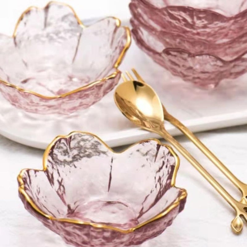 TIDTALEO Cherry Blossom Glass Sauce Dish Set 6pcs, Purple Rimmed Crystal Glass Dinnerware, Floral Small Serving Bowls for Salad and Condiments, Japanese Style Tableware for Home and Parties - Image 5
