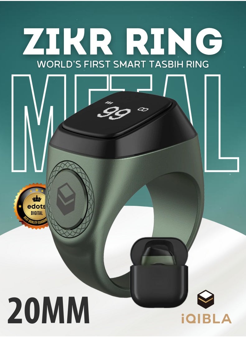 iQIBLA Metal Zikr Ring - Green | 20mm Prayer Counter, Tasbih Counter & Muslim Prayer Time Reminder | Waterproof Wearable Technology  - Image 1