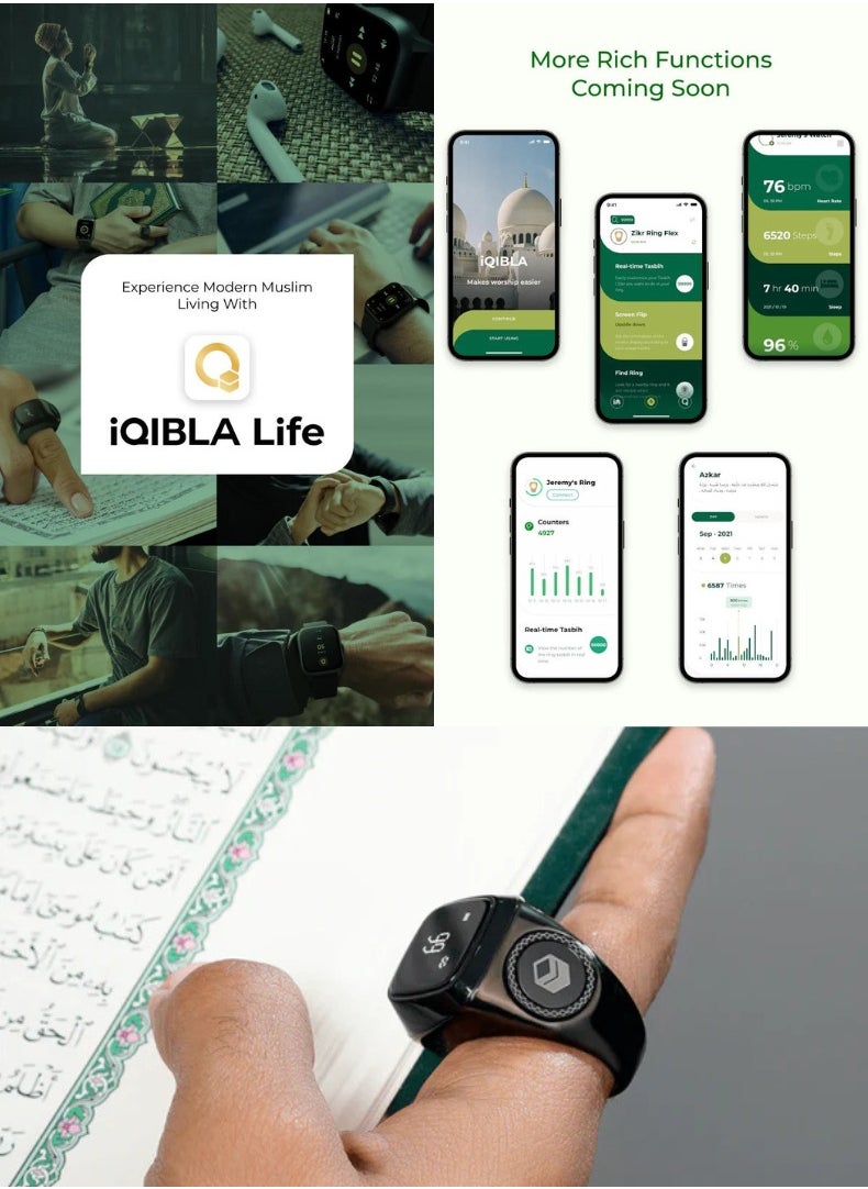 iQIBLA Metal Zikr Ring - Green | 20mm Prayer Counter, Tasbih Counter & Muslim Prayer Time Reminder | Waterproof Wearable Technology  - Image 5
