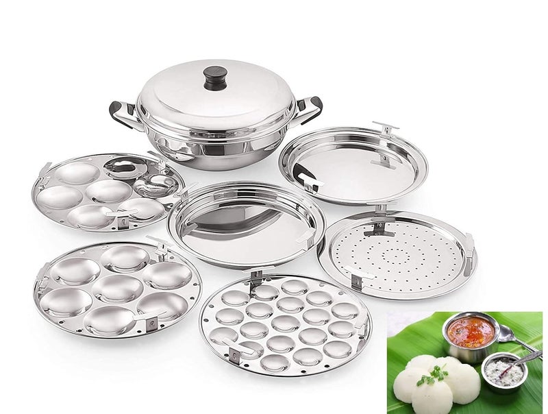 RSPTJM RJ kitchenware Store Multi Kadhai Stainless Steel Induction Bottom with plates Silver idlimomosdhoklasambharfrying maker kadhai pot pans Multi kadai 6 plate - Image 1