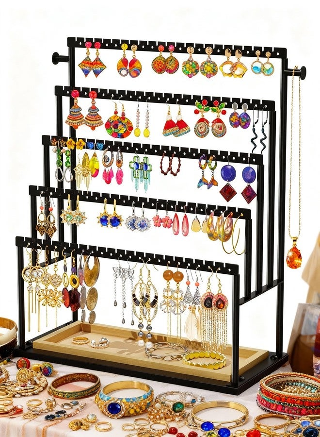 TIPSYTREE Earring Holder Organizer, 5-Tier Jewelry Display Stand with Matte Black Metal Frame and Wooden Tray, Large Earring Holder for Studs, Hoops, Dangles, Modern Jewelry Organizer for Women - Image 2