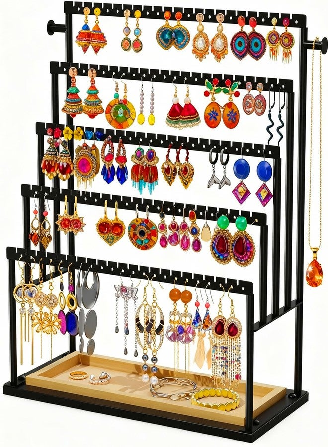 TIPSYTREE Earring Holder Organizer, 5-Tier Jewelry Display Stand with Matte Black Metal Frame and Wooden Tray, Large Earring Holder for Studs, Hoops, Dangles, Modern Jewelry Organizer for Women - Image 1