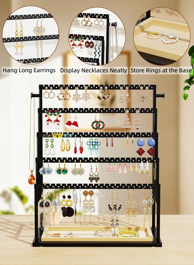 TIPSYTREE Earring Holder Organizer, 5-Tier Jewelry Display Stand with Matte Black Metal Frame and Wooden Tray, Large Earring Holder for Studs, Hoops, Dangles, Modern Jewelry Organizer for Women - Image 4