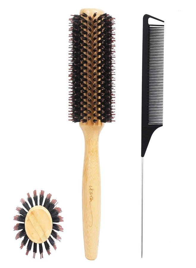 Vista Round Hair Brush with 10mm Boar Bristle 15mm Nylon Bristle Hairbrushes for Women Bamboo Hair Brush Styling with Tail Comb for Blow Drying, Shiny, Smooth, Long, Curly Hair - Image 1