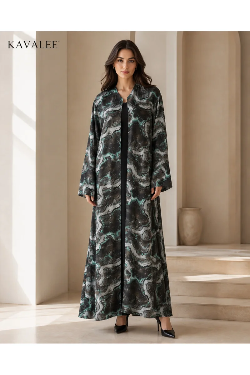 Kavalee Women's Luxury Marble Print Open Abaya - Black, Grey & Teal Full-Length Modest Kimono - Long Sleeve Occasion Wear