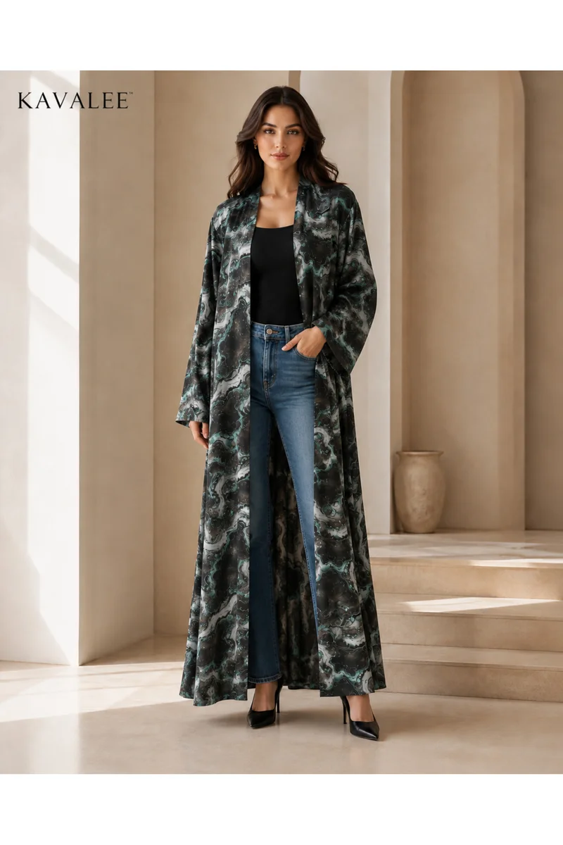 Kavalee Women's Luxury Marble Print Open Abaya - Black, Grey & Teal Full-Length Modest Kimono - Long Sleeve Occasion Wear