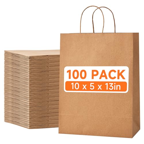 METAPRINT 100pcs Large Brown Paper Bags with Handles in Bulk, 10x5x13 Kraft Gift Bags, Recyclable Shopping Bags for Retail, Birthday, Parties & Weddings - Image 1